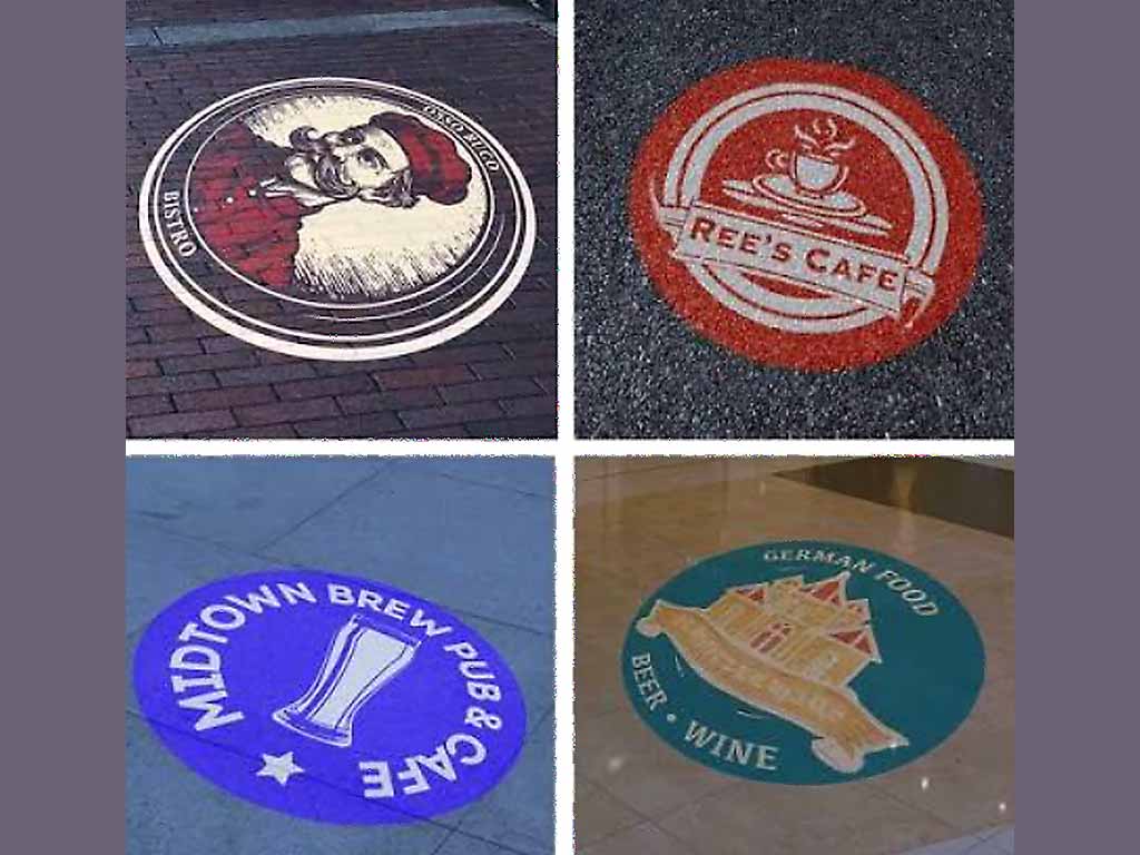 Examples of circular logo projections on different floor surfaces